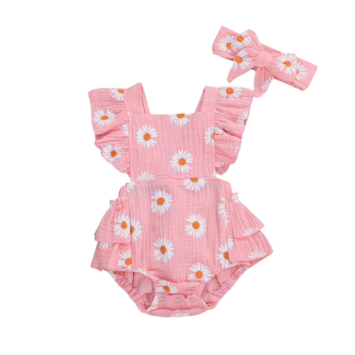 2Pcs Baby Girl Daisy Printed Off Shoulder Romper