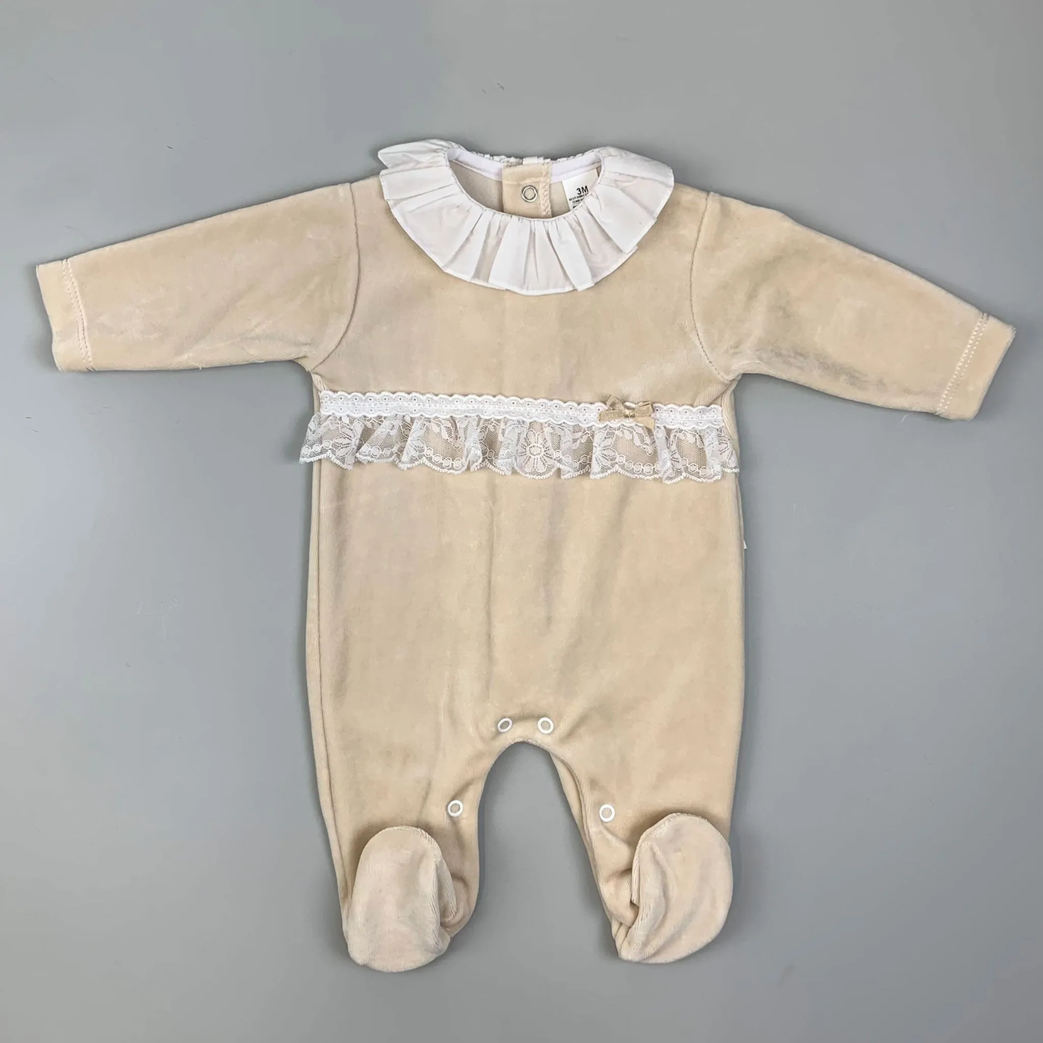 Baby Girls Velour Baby Grow / Sleepsuit with Lace - Beige