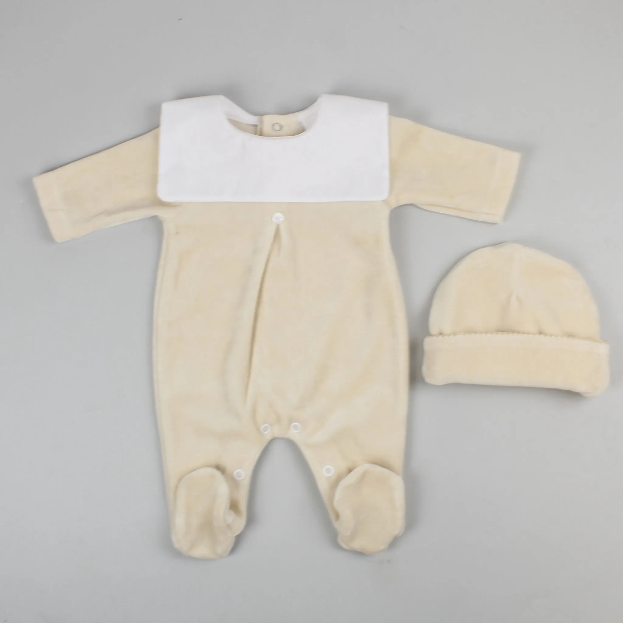 Baby  Velour Sleepsuit with Hat - Beige
