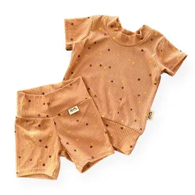 Dainty Hearts on Camel Ribbed Biker Shorts Lounge Set