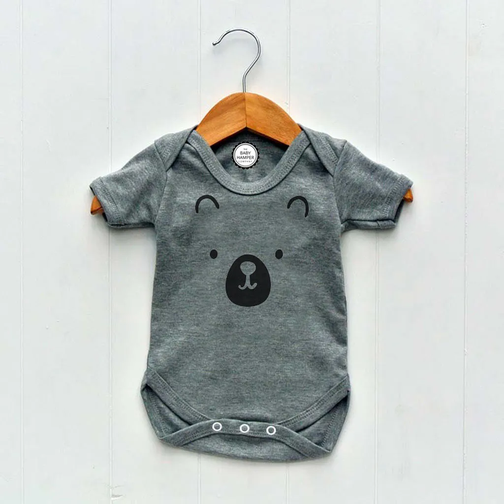 Newborn Baby Bodysuit, Grey, Bear Face Print
