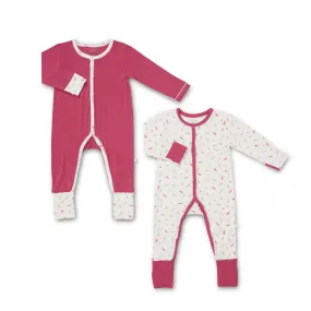 Scandinavian Leaves and Sandwash Ruby Red - Baby Long-sleeved Button Sleepsuit (Foldable Mittens & Footies) (Pack of 2)